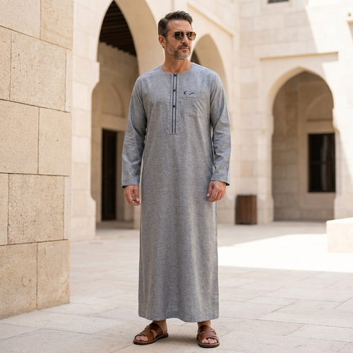 جلابية كتان شبابي -كم طويل عرض 28 - ازرار -موديل 659