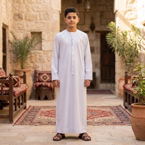 جلابية اكاف عماني شبابي كم طويل ابيض موديل 101000