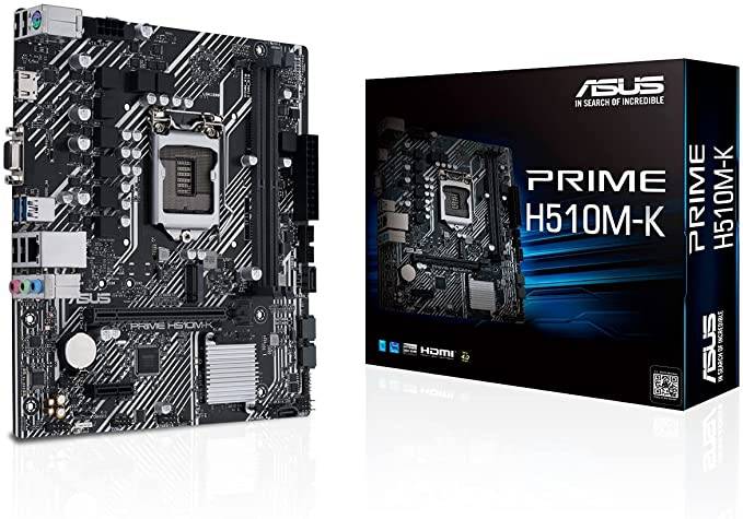 ASUS Prime Intel H510 (LGA 1200) micro ATX motherboard with PCIe 4.0, 32Gbps M.2 slot, Intel 1 Gb Ethernet, HDMI, D-Sub, USB 3.2 Gen 1 Type-A, SATA 6 Gbps, COM header, and RGB header