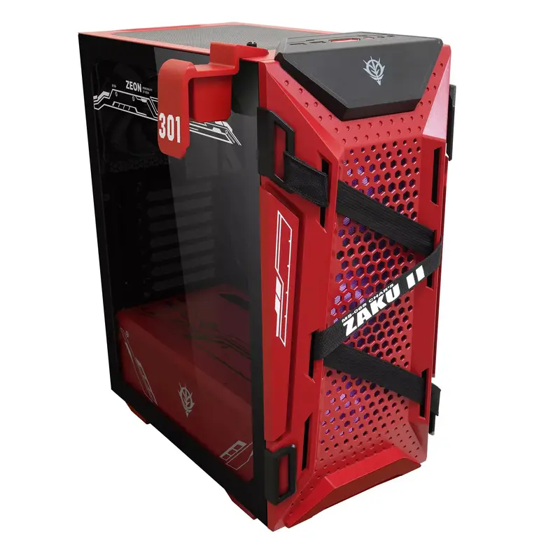 صندوق مبرد للألعاب اسوسGT301 ZAKU II TUF ميد تور ATX مع زجاج مقسى, تصميم خلية نحل من الامام, المروحة اورا 120RGBمم , 360مم دعم المبرد, أحمر