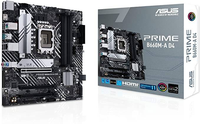 ASUS Prime Intel B660 (LGA 1700) mATX motherboard with PCIe 4.0, two M.2 slots, Intel 1Gb Ethernet, DP,2 x HDMI, rear USB 3.2 Gen 2, front USB 3.2 Gen 1 Type-C, Aura Sync