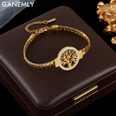GANEMLY 316L الفولاذ المقاوم للصدأ شجرة الحياة سوار للنساء موضة 18K مطلية بالذهب سلسلة المعصم مجوهرات مقاومة للماء سيدة هدية