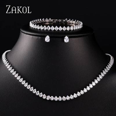 ZAKOL الفاخرة قطرة الماء زركونيا مجموعات مجوهرات للنساء تألق قلادة أقراط سوار الزفاف مجموعات مجوهرات حفلات الزفاف