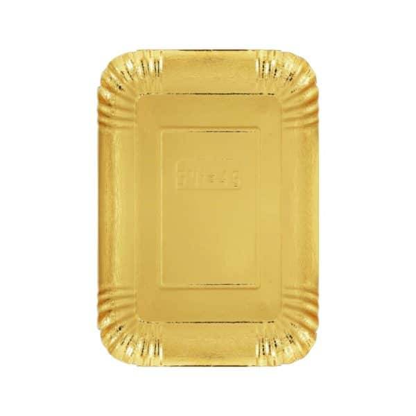 A set of rectangular gold paper plates