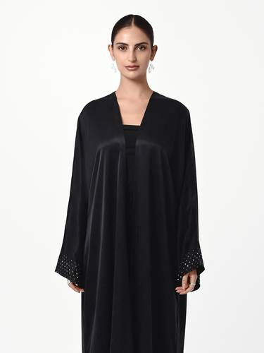 Black Washed Silk Abaya with Strass Sleeve Detail and Full Strass Scarf