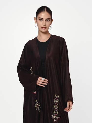 Maroon Washed Silk Abaya with Mixed Hand Embroidery Detail