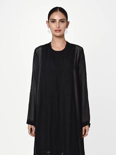 Black Organza Abaya with Embellished Back Detail and Contrast White Underlayer