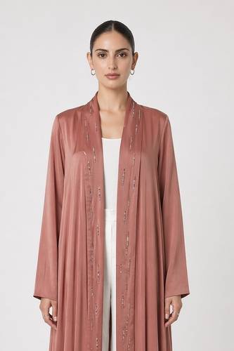 Dusty Pink Modal Silk Blend Abaya with Beaded Detail and Panelled Cut