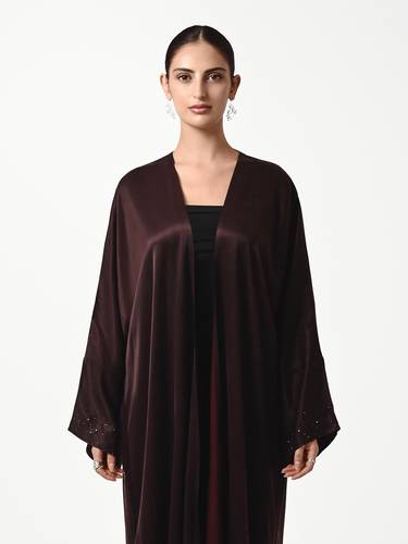 Maroon Washed Silk Abaya with Strass Sleeve Detail and Full Strass Scarf