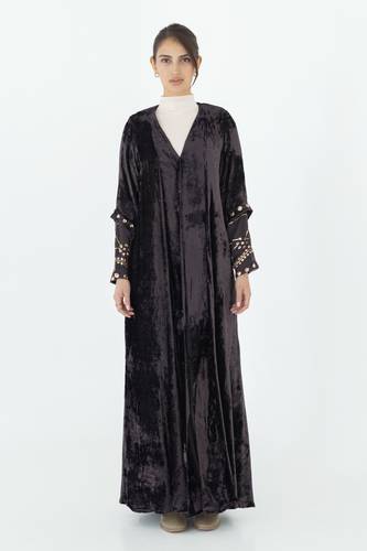 Brown Velvet Abaya with Gold Nagda