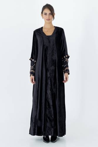 Black Velvet Abaya with Gold Embroidery