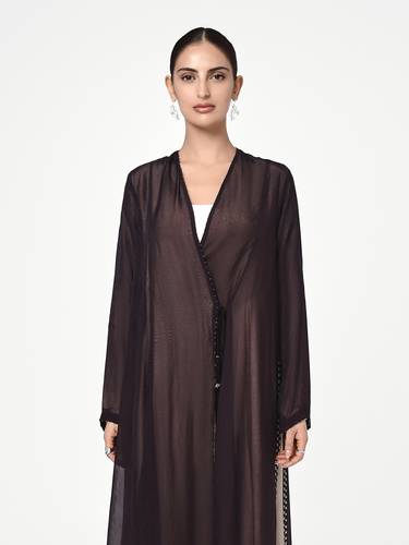 Dark Brown Organza Abaya with Contrast Side Panels, Tassel Tie and Neutral Underlayer