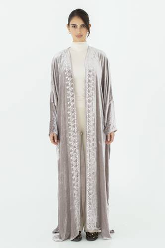 Gray Velvet Abaya with Embroidery