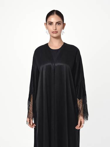 Black Washed Silk Abaya with Lace Sleeve Detail