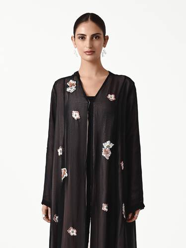 Black Organza Abaya with Nagda Embroidery and Baby Pink Underlayer