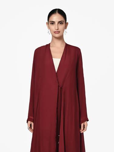 Burgundy Organza Abaya with Contrast Side Panels, Tassel Tie and Tonal Underlayer