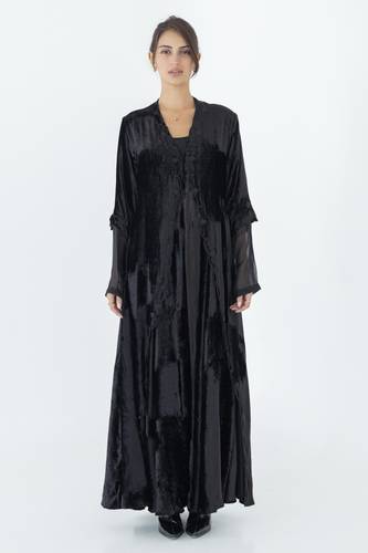 Black Layered Velvet Abaya with Black Embroidery