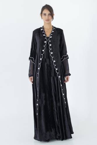 Black Layered Velvet Abaya with White Embroidery