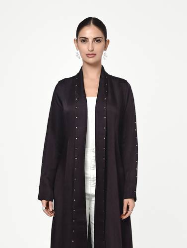 Brown Silk Linen Abaya with Stud Detail