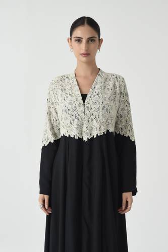 Black Silk Cotton Abaya with Off White Lace Panel and Subtle Embroidery