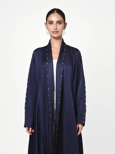 Navy Silk Linen Abaya with Stud Detail