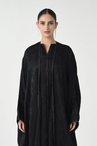 Black Silk Floral Abaya with Beaded Edge Detail and Matching Inner Dress