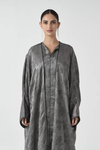 Gray Silk Floral Abaya with Beaded Edge Detail and Matching Inner Dress