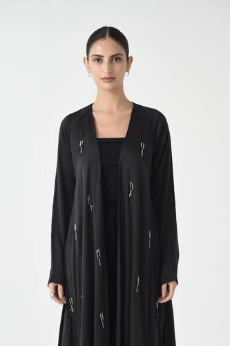 Black Modal Abaya with Black and White Artisanal Sequin & Bead Work
