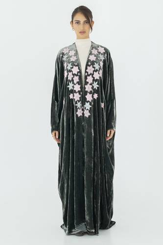 Bloom Dark Gray Velvet Abaya