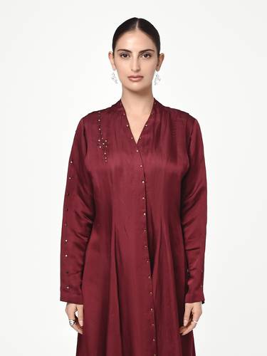 Maroon Silk Linen Abaya with Stud Detail