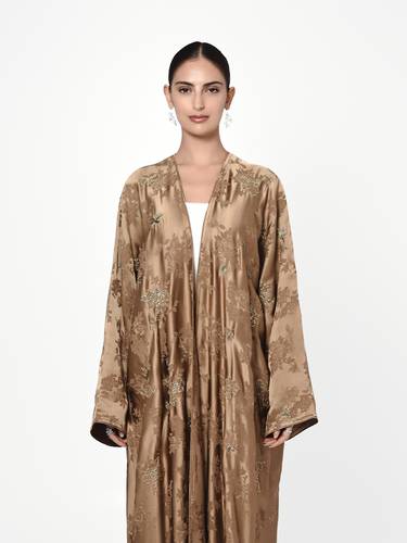 Gold Silk Floral Abaya with Nagda Embroidery Detail