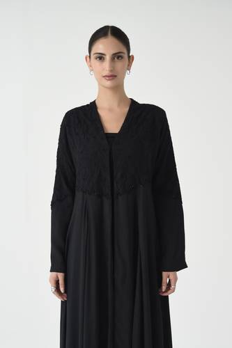 Black Silk Cotton Abaya with Black Lace Panel and Subtle Embroidery