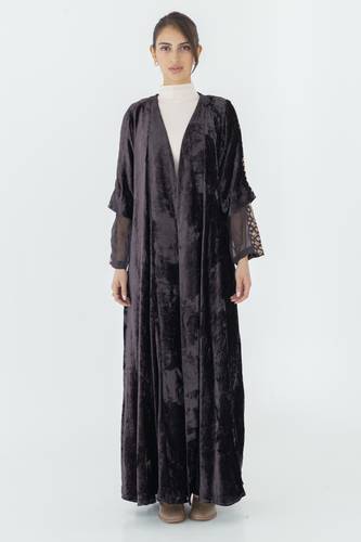Brown Velvet Abaya with Full Sleeves Nagda Embroidery