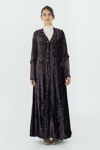 Brown Layered Velvet Abaya with Brown Embroidery
