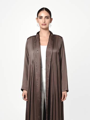 Brown Modal Silk Blend Abaya with Beaded Detail and Panelled Cut