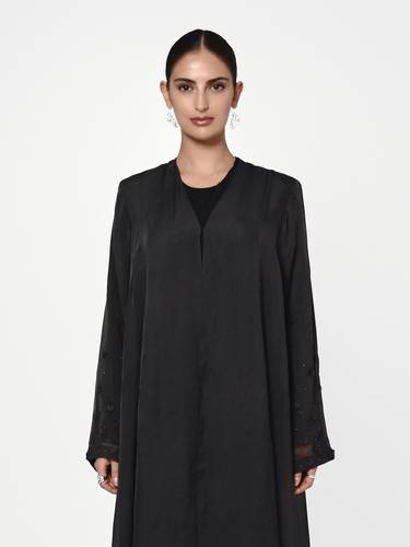 Dark Grey Organza Abaya with 3D Floral Sleeve Detail and Black Underlayer
