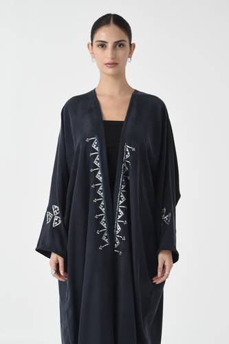Navy Washed Silk Abaya with Hand Geometric Embroidery on Front and Sleeves