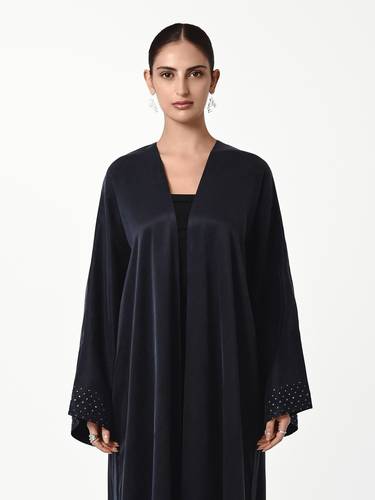 Navy Blue Washed Silk Abaya with Strass Sleeve Detail and Full Strass Scarf