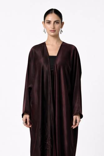 Burgundy Washed Silk Abaya with Tonal Floral Embroidery