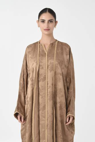 Gold Silk Floral Abaya with Beaded Edge Detail and Matching Inner Dress