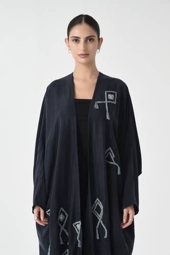 Navy Washed Silk Abaya with Handcrafted Geometric Embroidery