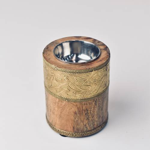 Round wooden bakhoor with golden copper