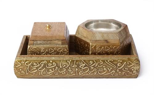  Mango Wood Square Mubkhar Set - Gold