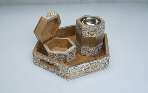 Mango Wood Hexagonal Mubkhar Set - white
