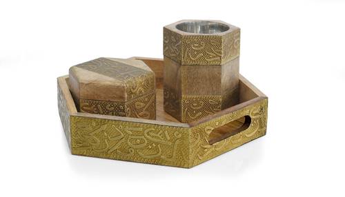 Mango Wood Hexagonal Mubkhar Set - Gold