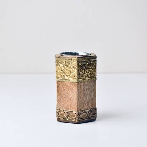 Hexagonal Wooden bokhor with golden copper
