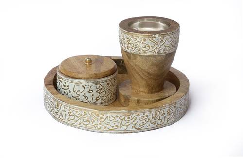 Mango Wood Round Mubkhar Set - white