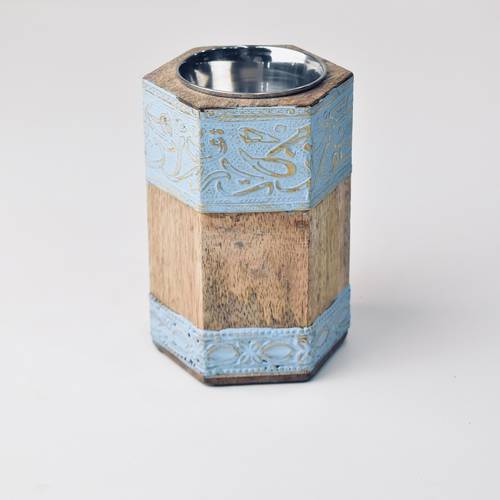 Hexagonal Wooden Burner Brass - Blue