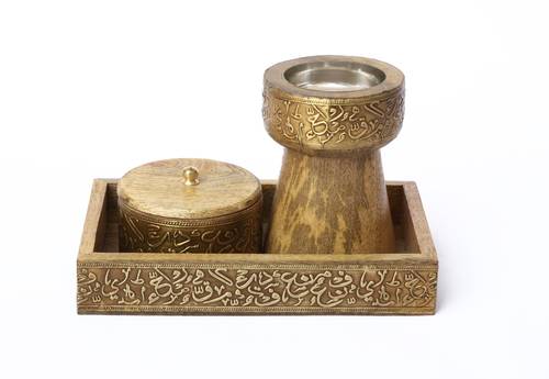  Mango Wood Square Mubkhar Set - Gold