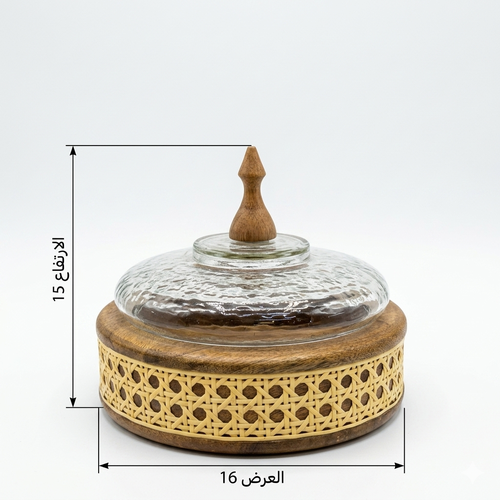 علبة خشب بني  دائرية مع رتان - مقاس صغير                  